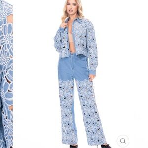 B6. Crochet 2pc set LONG SLEEVE BUTTON UP TOP & ELASTIC WAIST PANTS EYELET